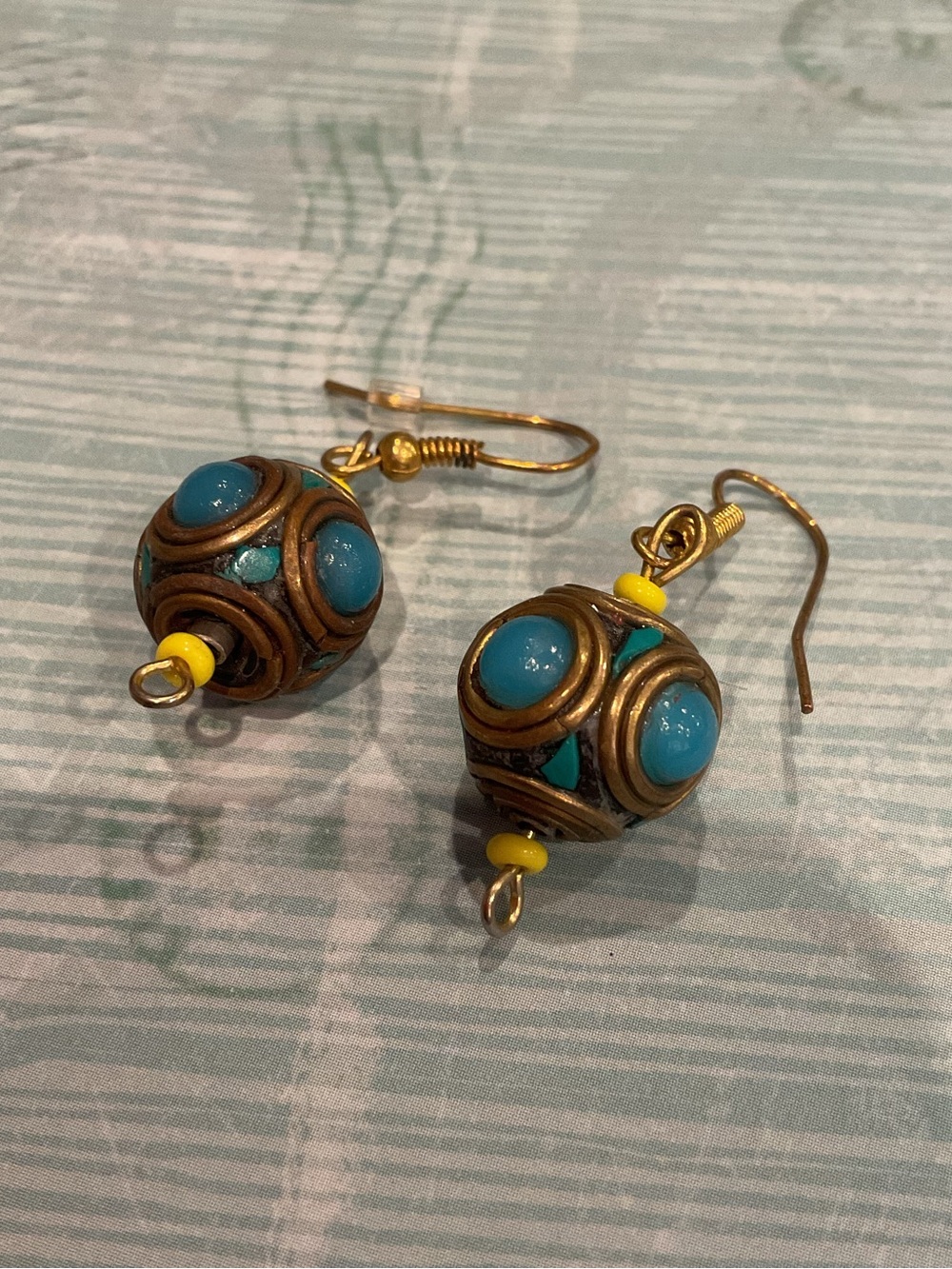 Vintage Tibetan brass mosaic ball dangle earrings